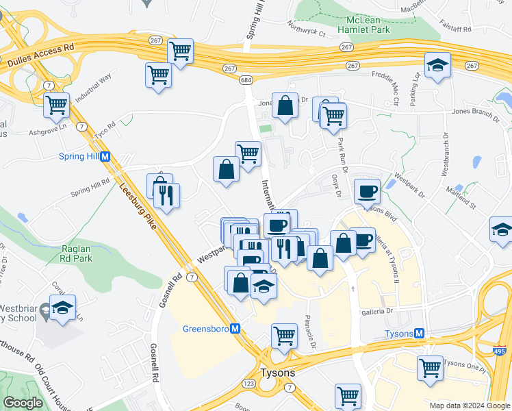 map of restaurants, bars, coffee shops, grocery stores, and more near 8340 Greensboro Drive in McLean