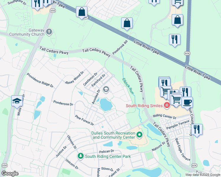 map of restaurants, bars, coffee shops, grocery stores, and more near 24968 Ashgarten Drive in Chantilly