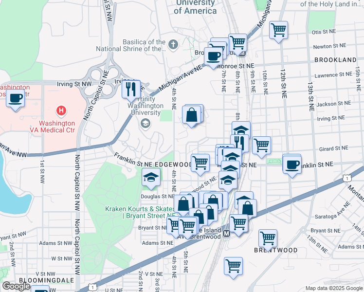 map of restaurants, bars, coffee shops, grocery stores, and more near 2866 Chancellor's Way Northeast in Washington