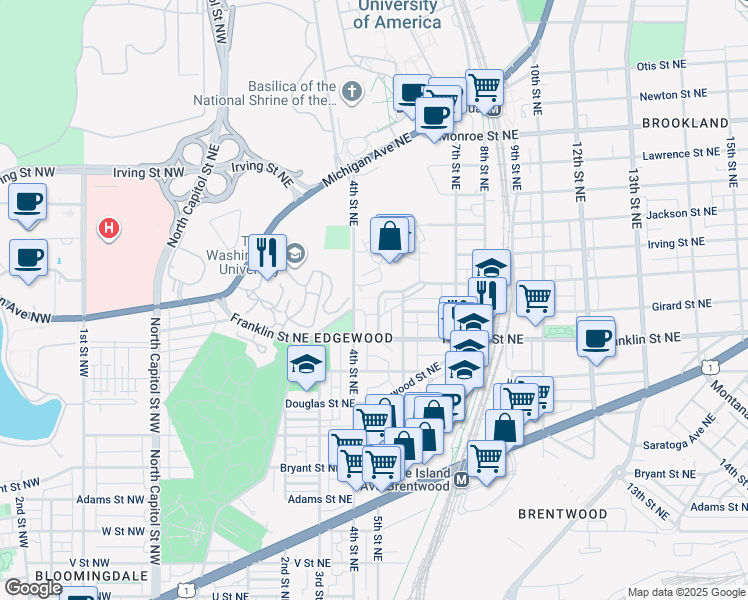 map of restaurants, bars, coffee shops, grocery stores, and more near 2860 Chancellor's Way Northeast in Washington