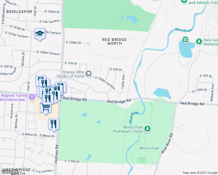 map of restaurants, bars, coffee shops, grocery stores, and more near 1314 East 110th Street in Kansas City
