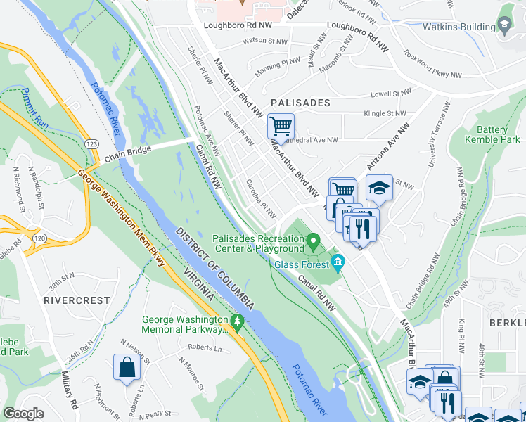 map of restaurants, bars, coffee shops, grocery stores, and more near 5328 Carolina Place Northwest in Washington