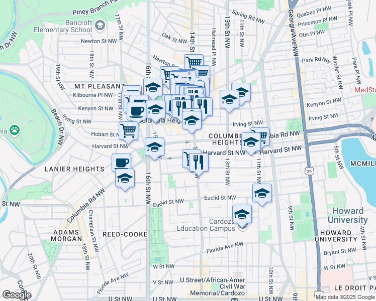 map of restaurants, bars, coffee shops, grocery stores, and more near 101 Independence Avenue Southeast in Washington