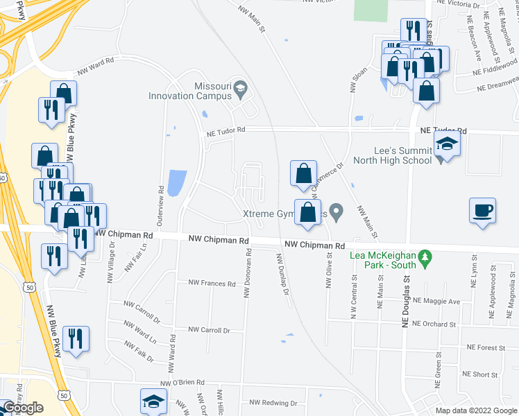 map of restaurants, bars, coffee shops, grocery stores, and more near 789 Northwest Donovan Road in Lee's Summit