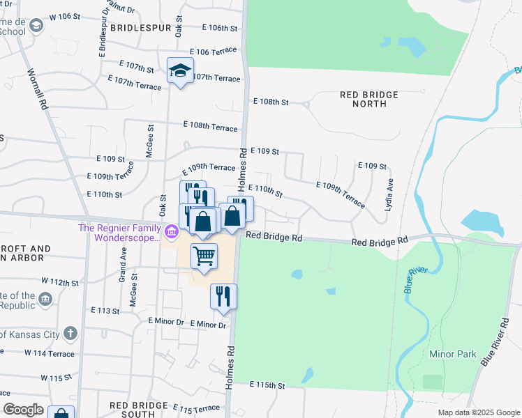 map of restaurants, bars, coffee shops, grocery stores, and more near 11022 Charlotte Street in Kansas City