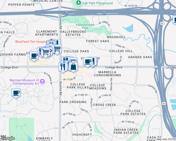 map of restaurants, bars, coffee shops, grocery stores, and more near 11725 West 112th Street in Overland Park