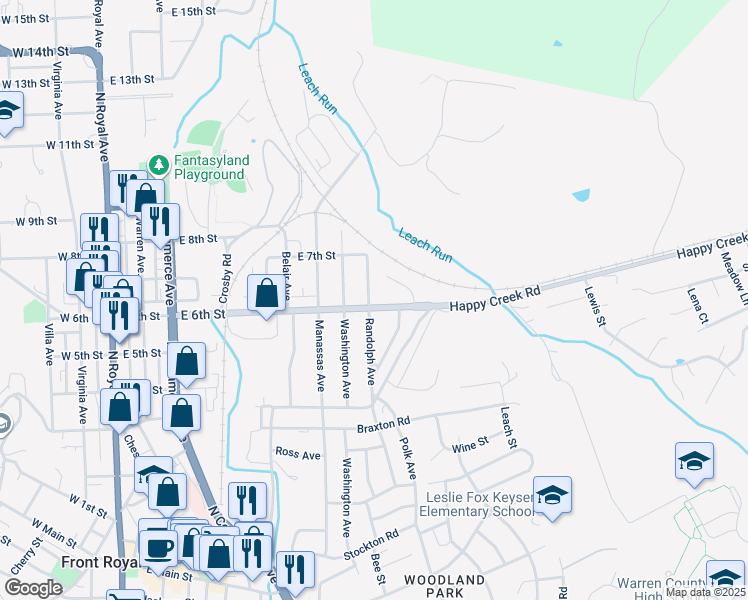 map of restaurants, bars, coffee shops, grocery stores, and more near 605 Randolph Avenue in Front Royal