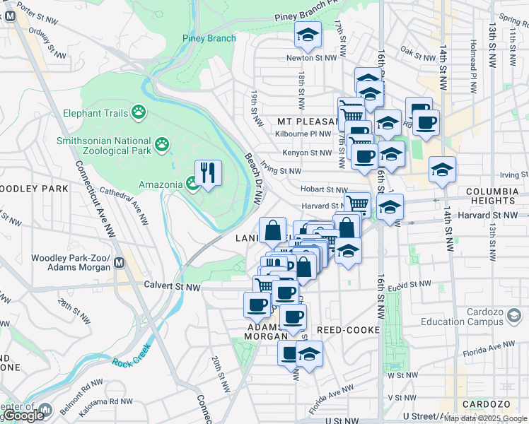 map of restaurants, bars, coffee shops, grocery stores, and more near 2900 Adams Mill Road Northwest in Washington