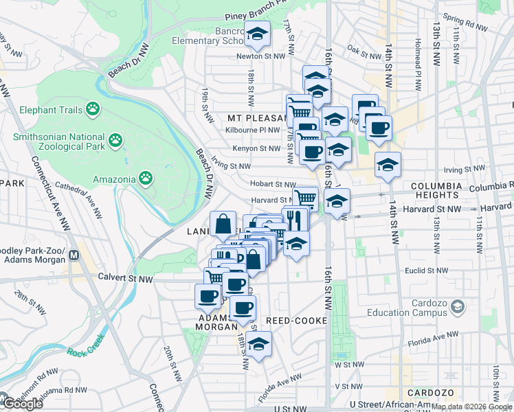 map of restaurants, bars, coffee shops, grocery stores, and more near 1750 Harvard Street Northwest in Washington