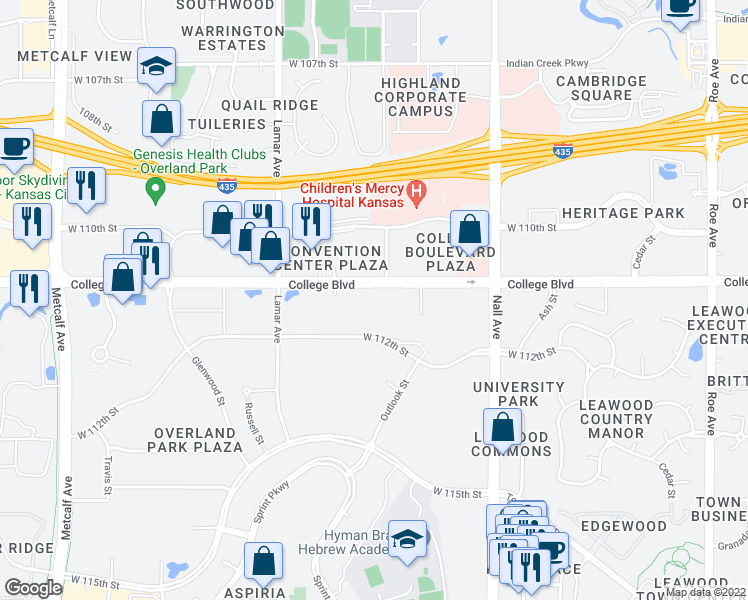 map of restaurants, bars, coffee shops, grocery stores, and more near 5901 College Boulevard in Overland Park