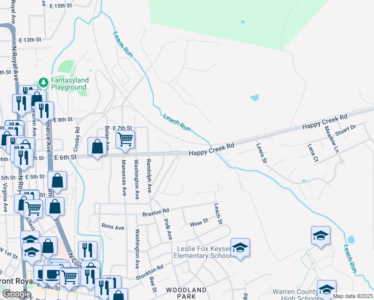 map of restaurants, bars, coffee shops, grocery stores, and more near 848 East 6th Street in Front Royal