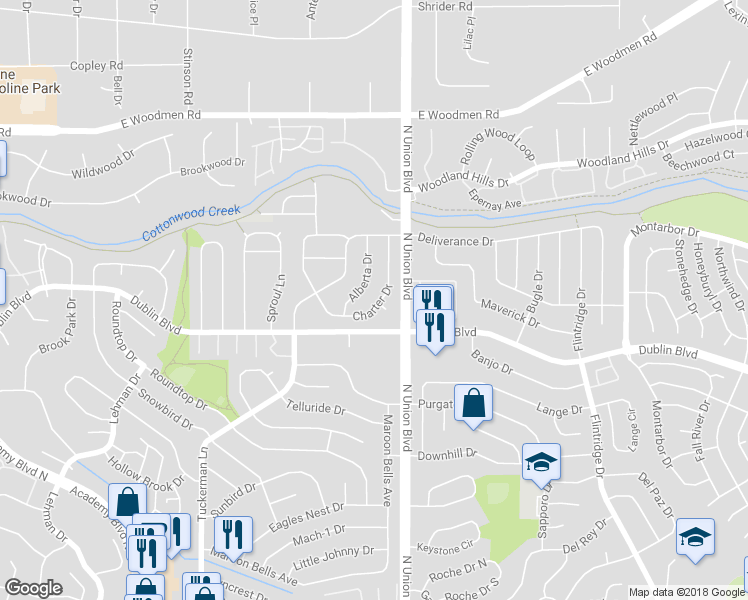 map of restaurants, bars, coffee shops, grocery stores, and more near 6566 Charter Drive in Colorado Springs
