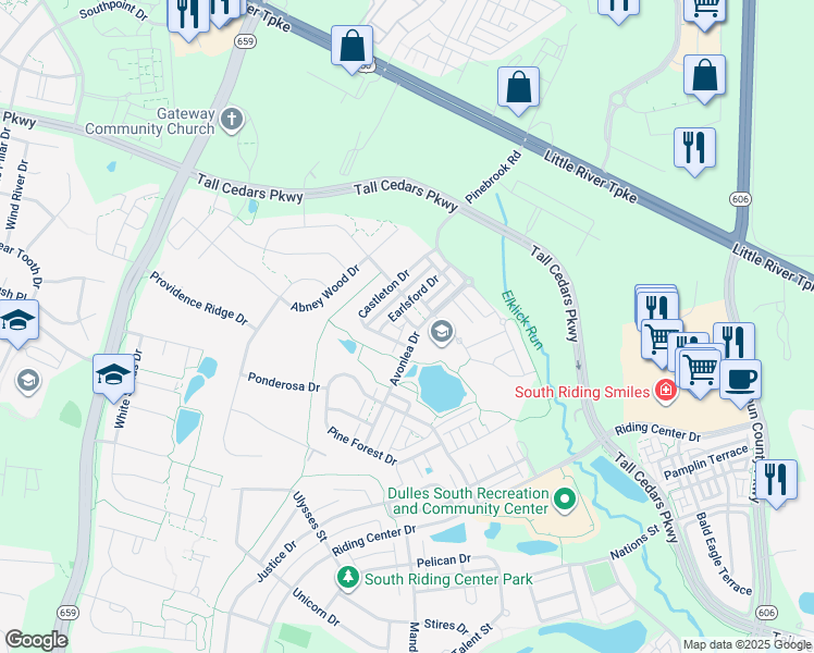map of restaurants, bars, coffee shops, grocery stores, and more near 24943 Avonlea Drive in Chantilly