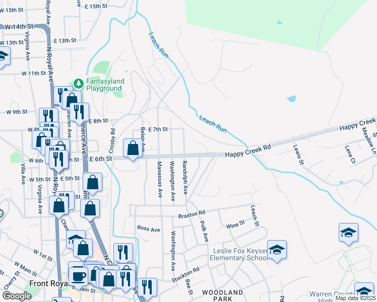 map of restaurants, bars, coffee shops, grocery stores, and more near 605 Randolph Avenue in Front Royal