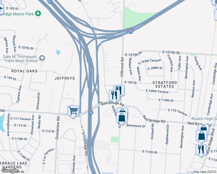 map of restaurants, bars, coffee shops, grocery stores, and more near 5601 East 109th Terrace in Kansas City