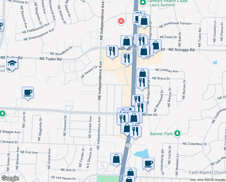 map of restaurants, bars, coffee shops, grocery stores, and more near 803 Northeast Coronado Avenue in Lee's Summit