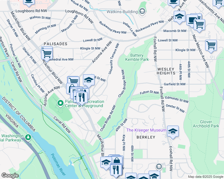 map of restaurants, bars, coffee shops, grocery stores, and more near 2740 Chain Bridge Road Northwest in Washington