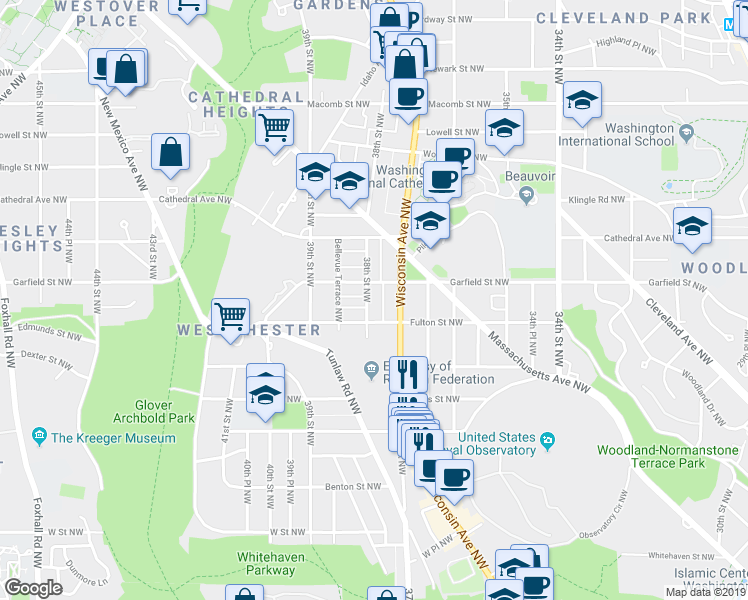 map of restaurants, bars, coffee shops, grocery stores, and more near 2819 38th Street Northwest in Washington