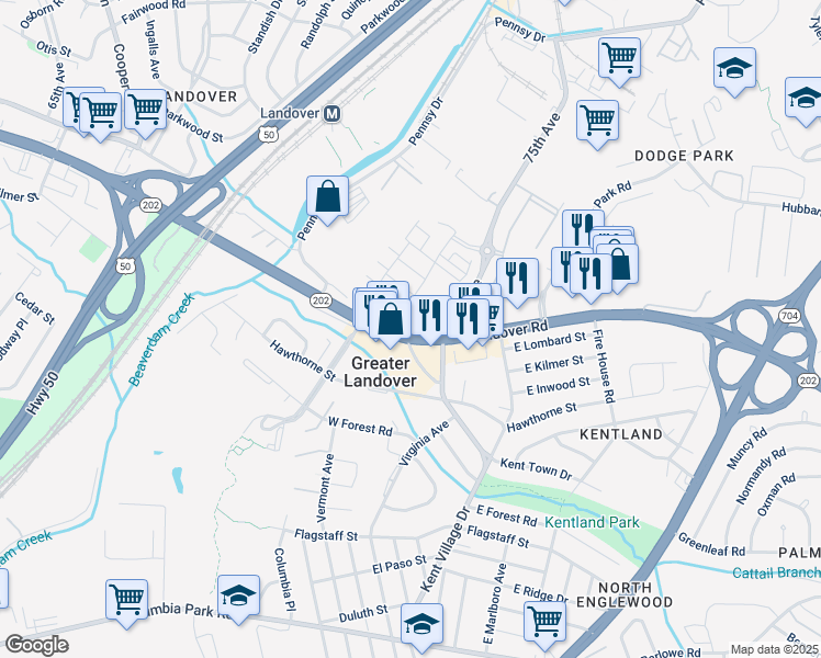 map of restaurants, bars, coffee shops, grocery stores, and more near 7414 Landover Road in Greater Landover