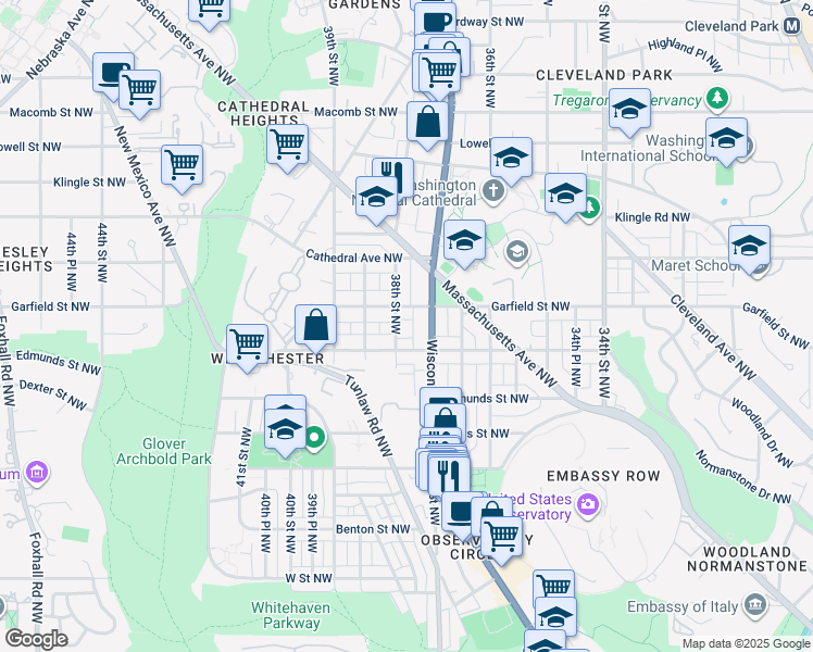 map of restaurants, bars, coffee shops, grocery stores, and more near 2819 38th Street Northwest in Washington