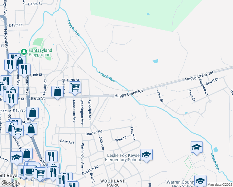 map of restaurants, bars, coffee shops, grocery stores, and more near 902 Happy Creek Road in Front Royal