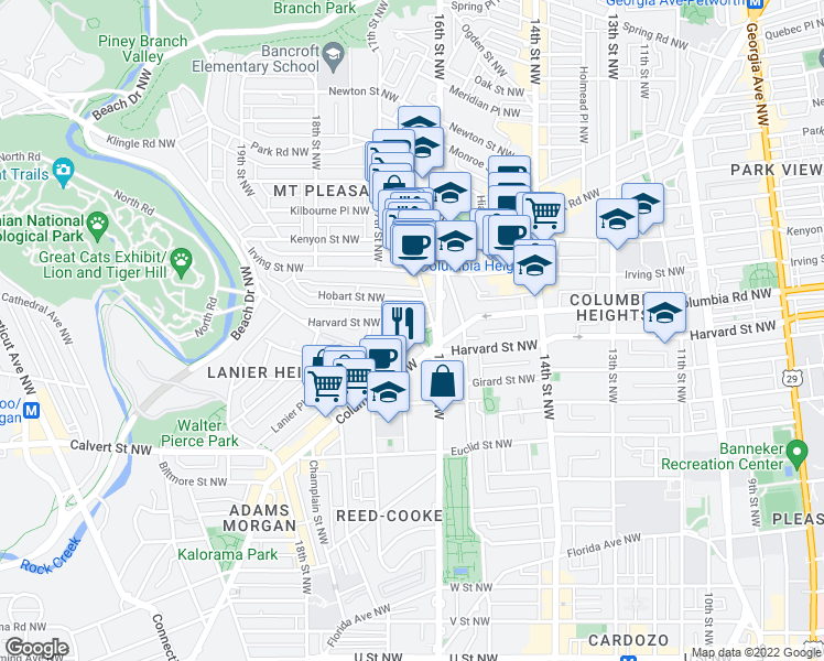 map of restaurants, bars, coffee shops, grocery stores, and more near Harvard Street Northwest & Argonne Place Northwest in Washington