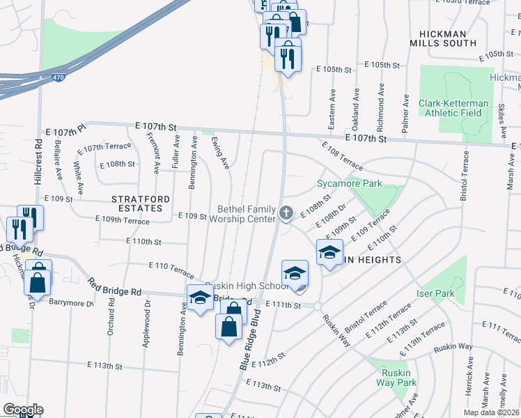 map of restaurants, bars, coffee shops, grocery stores, and more near 10745 Cambridge Avenue in Kansas City