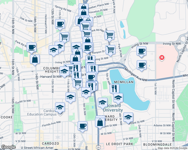 map of restaurants, bars, coffee shops, grocery stores, and more near 101 Independence Avenue Southeast in Washington