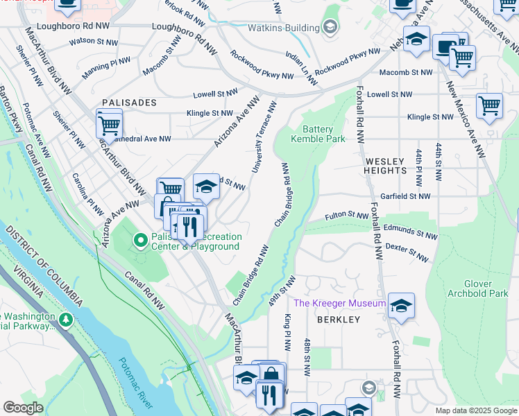 map of restaurants, bars, coffee shops, grocery stores, and more near 2740 Chain Bridge Road Northwest in Washington