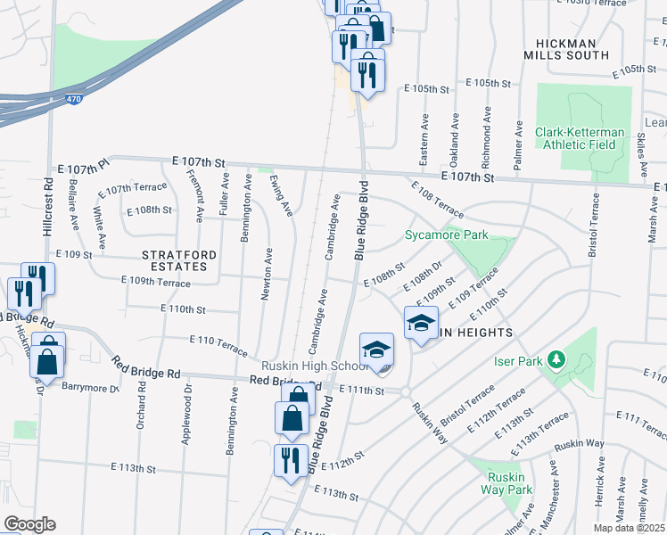 map of restaurants, bars, coffee shops, grocery stores, and more near 10743 Cambridge Avenue in Kansas City
