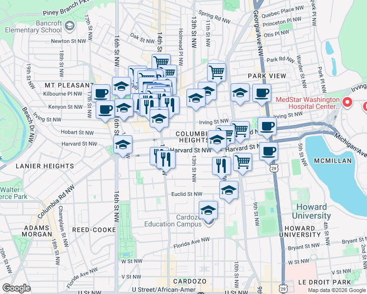 map of restaurants, bars, coffee shops, grocery stores, and more near 101 Independence Avenue Southeast in Washington