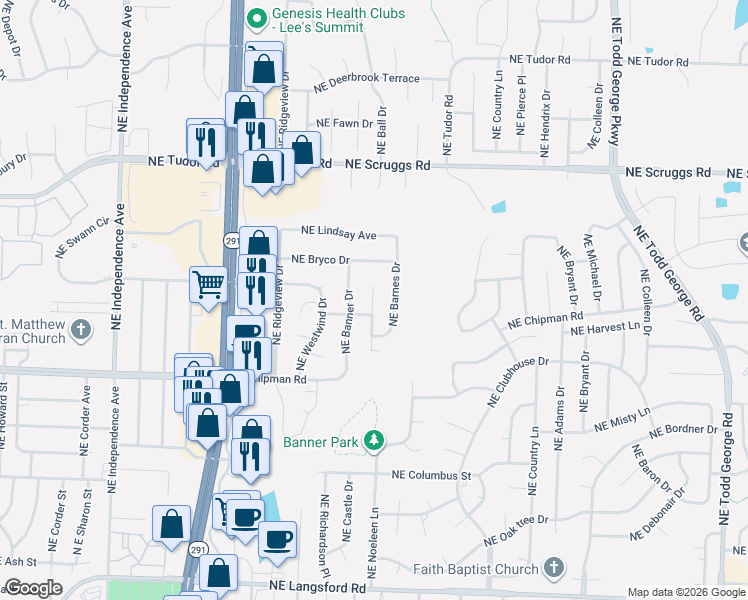 map of restaurants, bars, coffee shops, grocery stores, and more near 801 Northeast Banner Drive in Lee's Summit