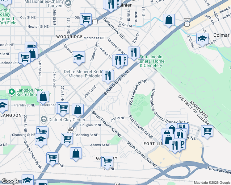 map of restaurants, bars, coffee shops, grocery stores, and more near Cherry Road Northeast in Washington