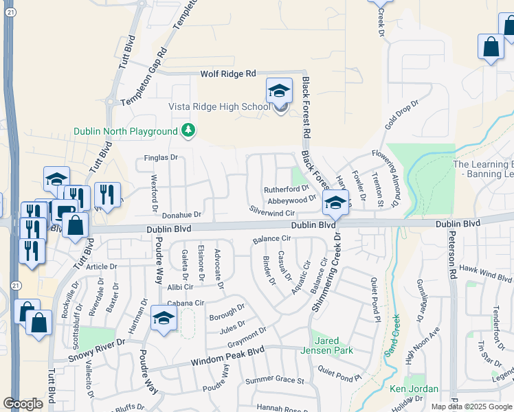 map of restaurants, bars, coffee shops, grocery stores, and more near 7018 Silverwind Circle in Colorado Springs