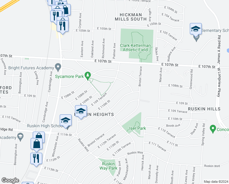 map of restaurants, bars, coffee shops, grocery stores, and more near 7702 East 110th Street in Kansas City