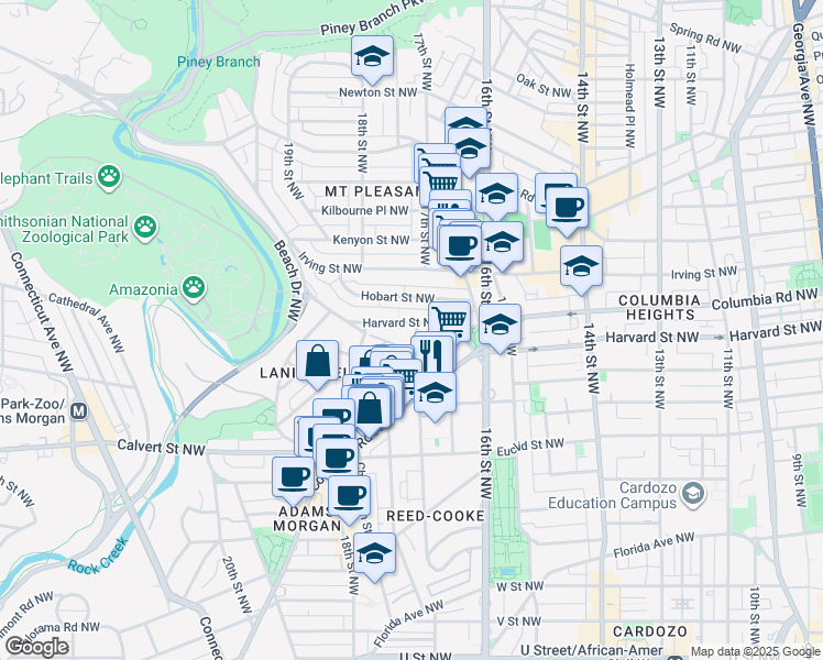 map of restaurants, bars, coffee shops, grocery stores, and more near 1660 Lanier Place Northwest in Washington