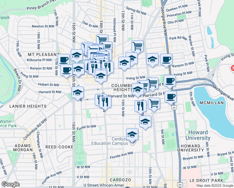 map of restaurants, bars, coffee shops, grocery stores, and more near 1323 Harvard Street Northwest in Washington
