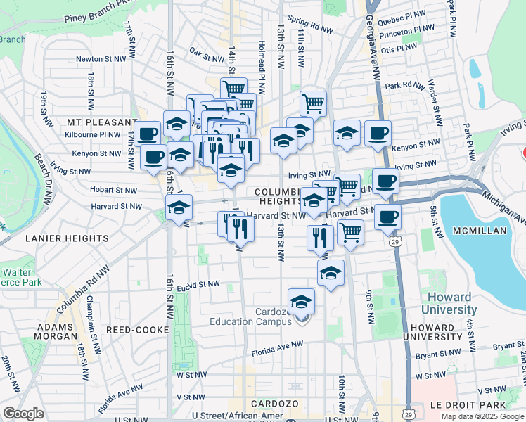 map of restaurants, bars, coffee shops, grocery stores, and more near 1331 Harvard Street Northwest in Washington