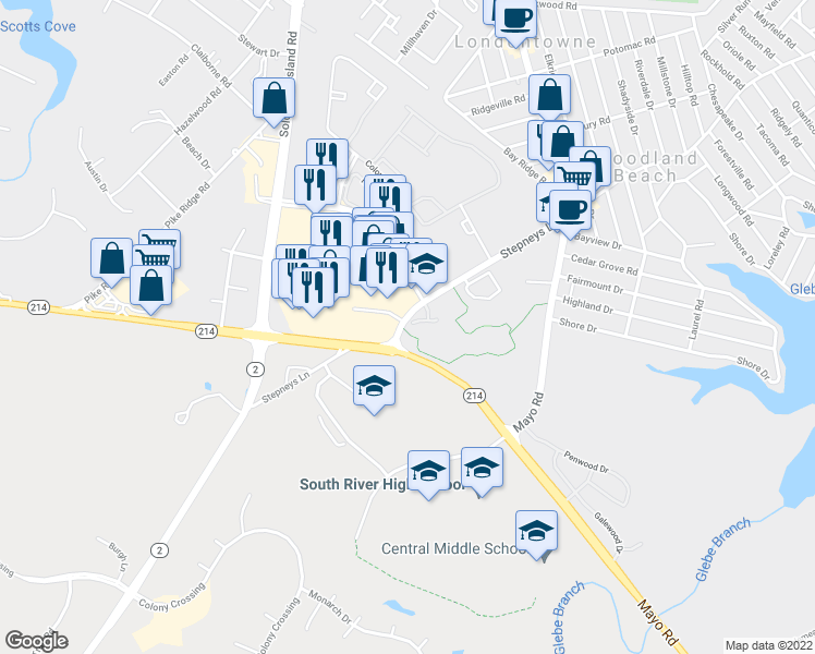 map of restaurants, bars, coffee shops, grocery stores, and more near 122 Waterside Court in Edgewater