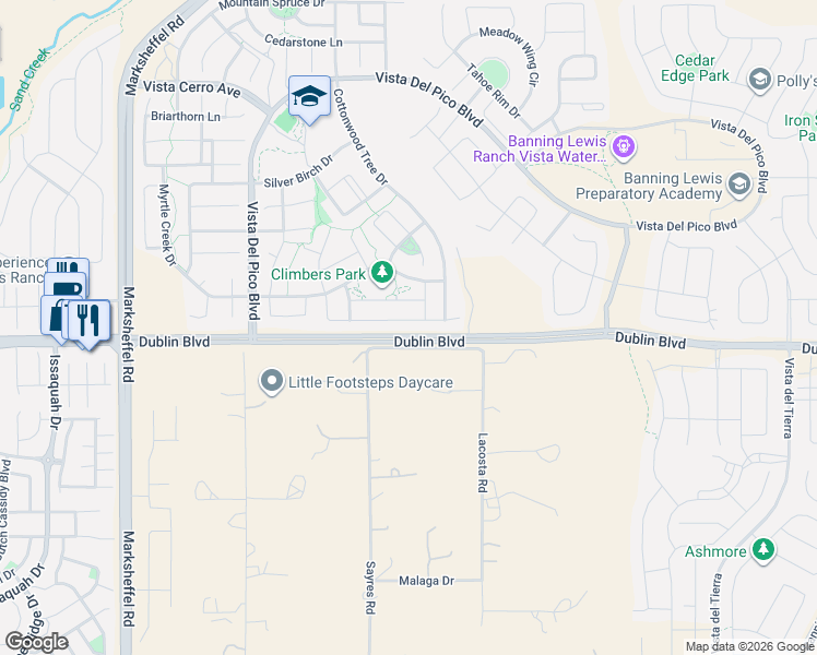 map of restaurants, bars, coffee shops, grocery stores, and more near 8393 Longleaf Lane in Colorado Springs