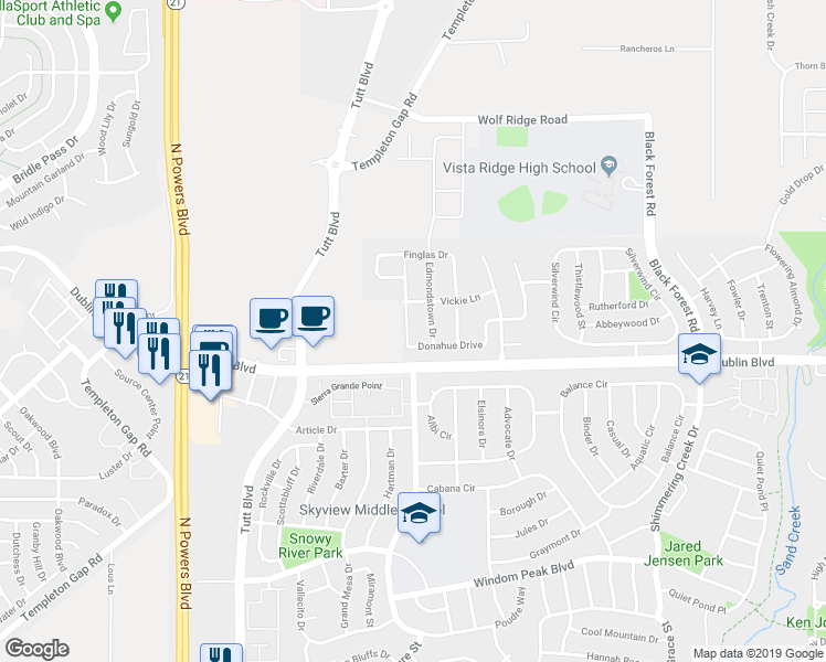 map of restaurants, bars, coffee shops, grocery stores, and more near 6171 Donahue Drive in Colorado Springs