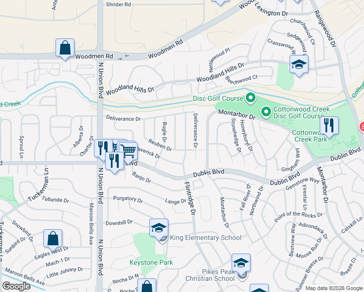 map of restaurants, bars, coffee shops, grocery stores, and more near 6585 Flintridge Drive in Colorado Springs