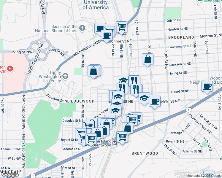 map of restaurants, bars, coffee shops, grocery stores, and more near 101 Independence Avenue Southeast in Washington