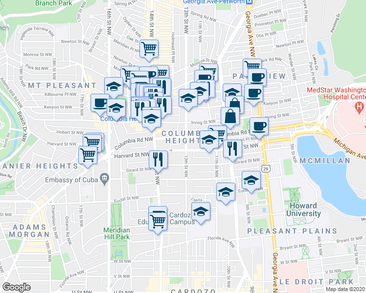 map of restaurants, bars, coffee shops, grocery stores, and more near 101 Independence Avenue Southeast in Washington