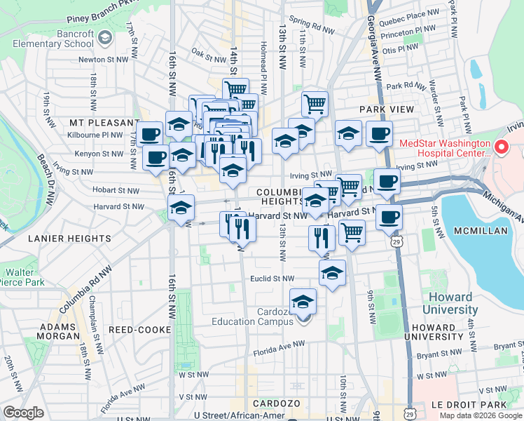map of restaurants, bars, coffee shops, grocery stores, and more near 101 Independence Avenue Southeast in Washington