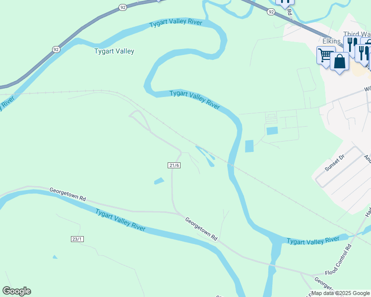 map of restaurants, bars, coffee shops, grocery stores, and more near County Route 21/6 in Elkins
