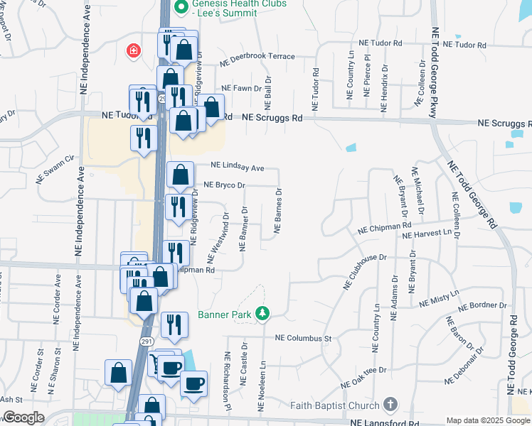 map of restaurants, bars, coffee shops, grocery stores, and more near 728 Northeast Barnes Drive in Lee's Summit