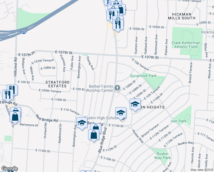 map of restaurants, bars, coffee shops, grocery stores, and more near 10745 Cambridge Avenue in Kansas City