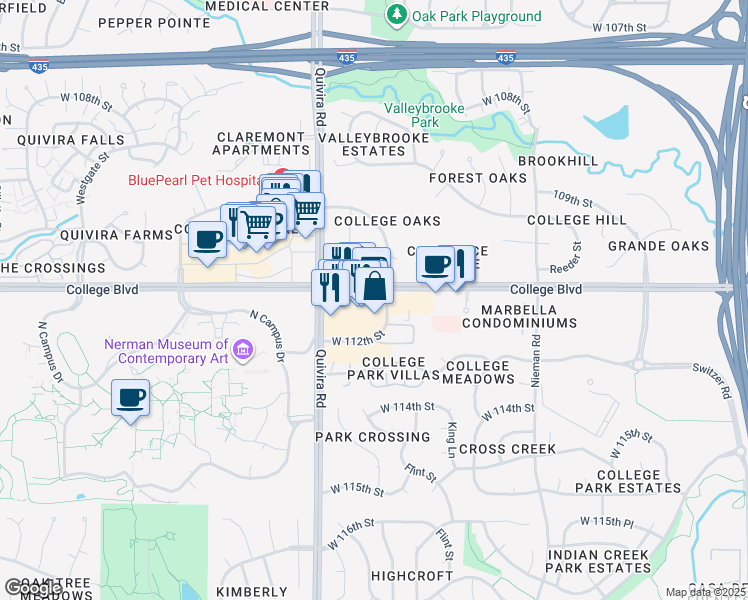 map of restaurants, bars, coffee shops, grocery stores, and more near 11717 West 112th Street in Overland Park