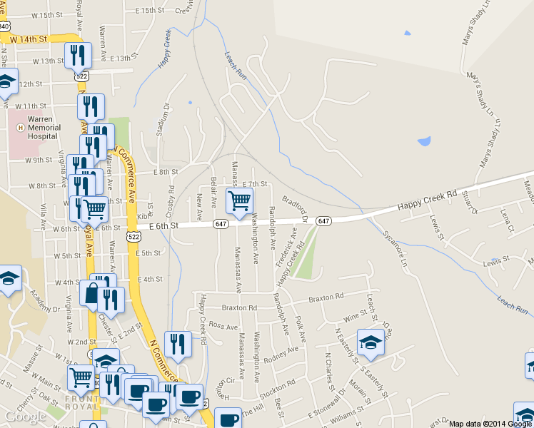 map of restaurants, bars, coffee shops, grocery stores, and more near 606 Randolph Avenue in Front Royal